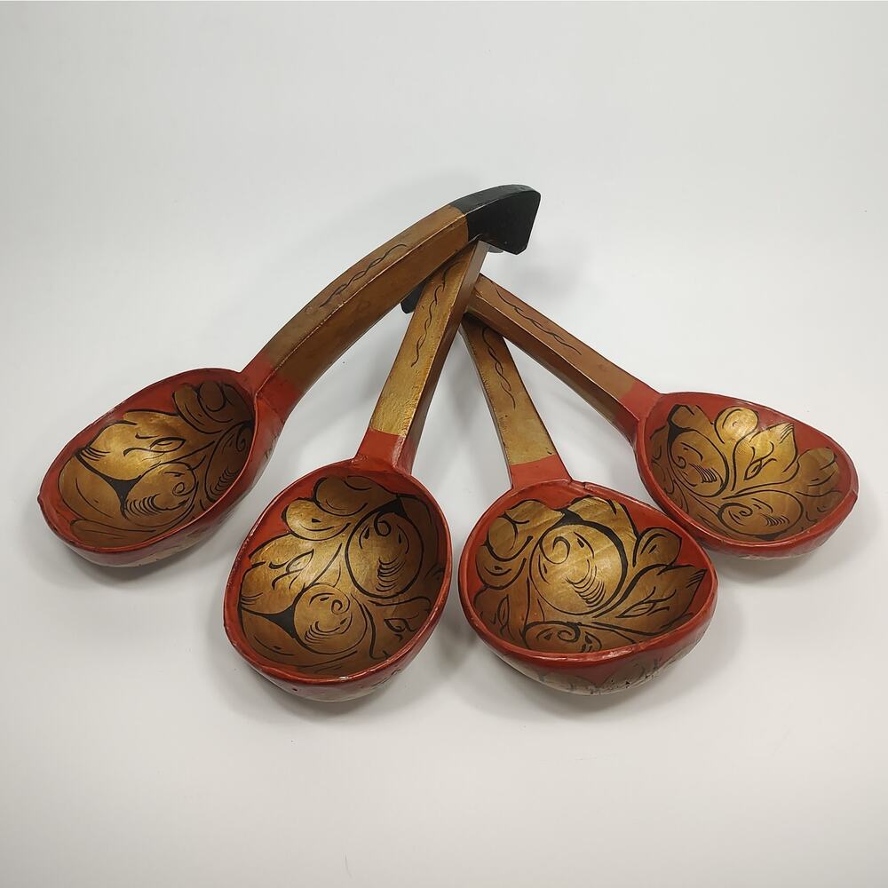 Russian Khokhloma Wood Serving Spoon Ladle Set Hand Carved Painted Red Gold Blk